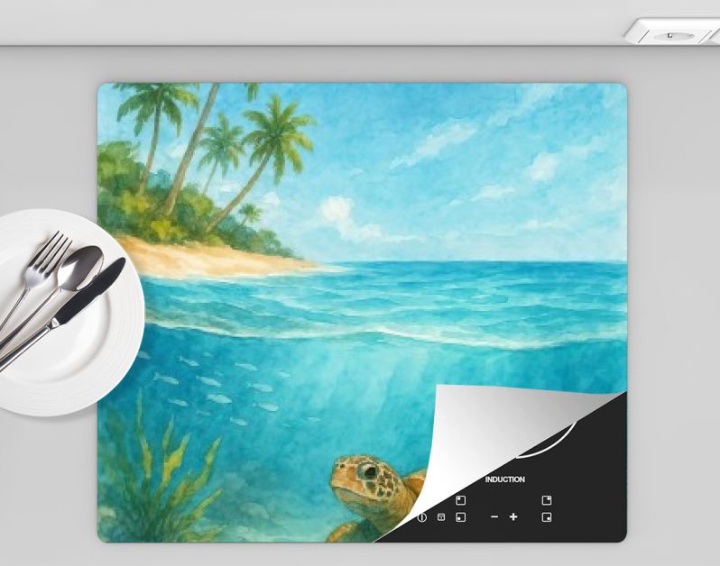 Schildpad bij tropisch strand en palmbomen