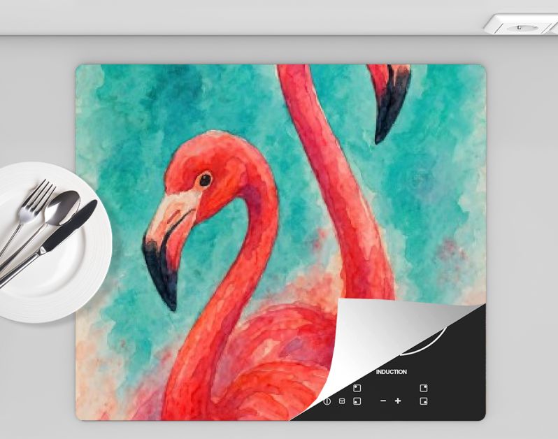 Twee roze flamingo’s tegen tropische turquoise achtergrond