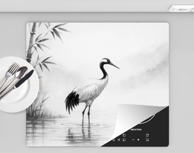 Kraanvogel aan de rivier in Japanse inkstijl