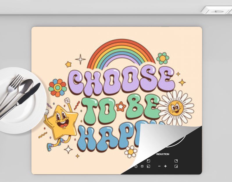 Groovy hippie quote Choose to Be Happy with retro 70s funky characters, vector banner. Hippie quote text with groovy rainbow and quirky daisy flower with comic star smile in 60s or 70s art background