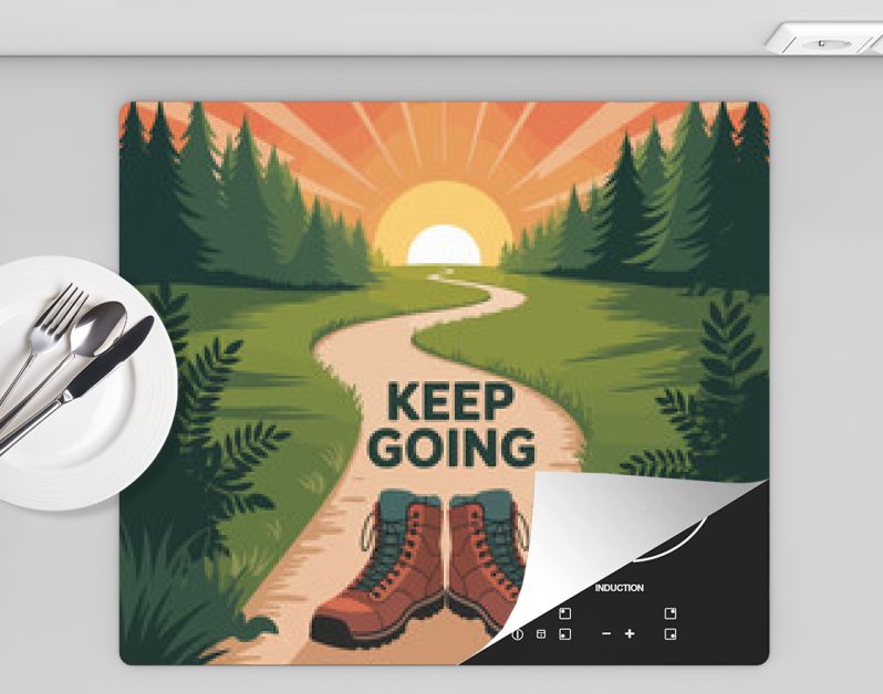 Inspirational motivational poster featuring hiking boots on a winding forest path under a vibrant sunrise promoting perseverance and encouraging quotes to keep going vector