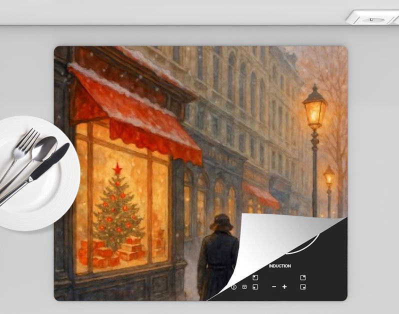 Kerstavond in de stad met verlichte etalage