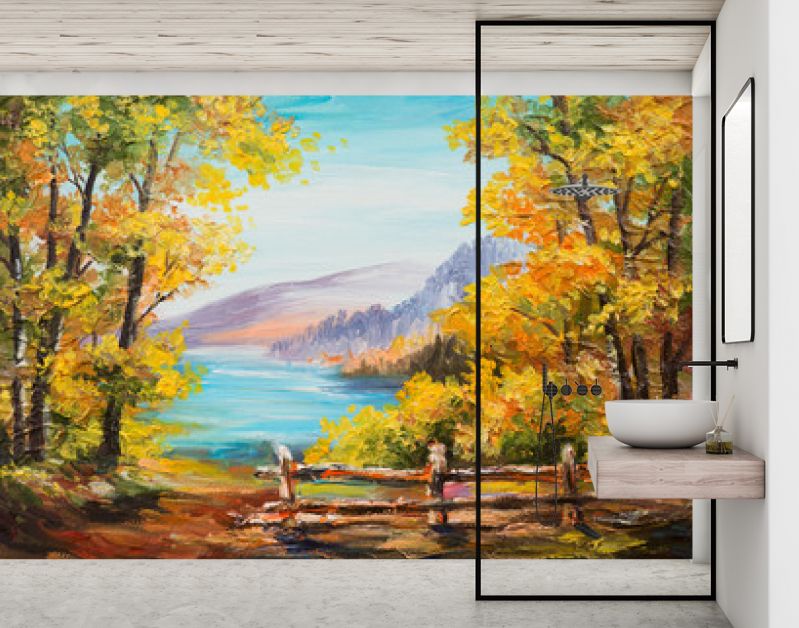 Landschap met olieverfschilderij - kleurrijk herfstbos, bergmeer, impressionisme