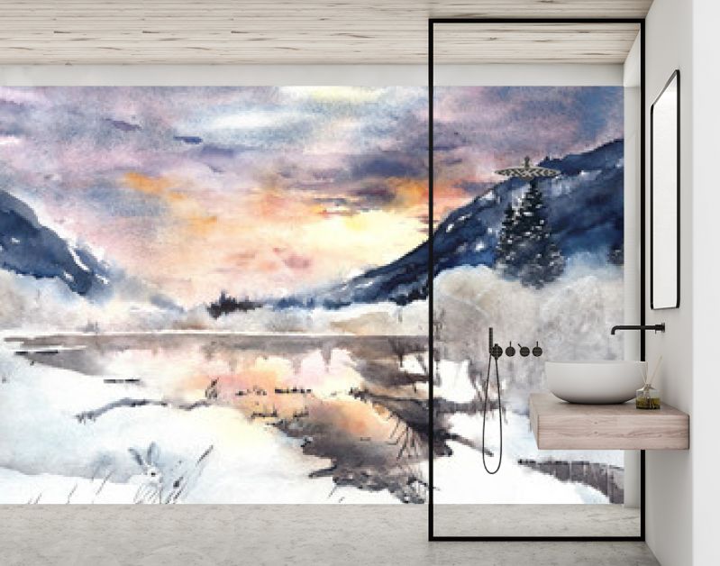 Winterlandschap bergen meer sneeuw aquarel schilderen