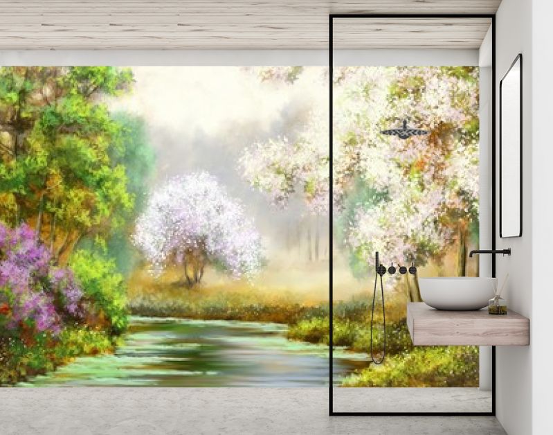 Lente, boom, rivier, schilderijen landschap