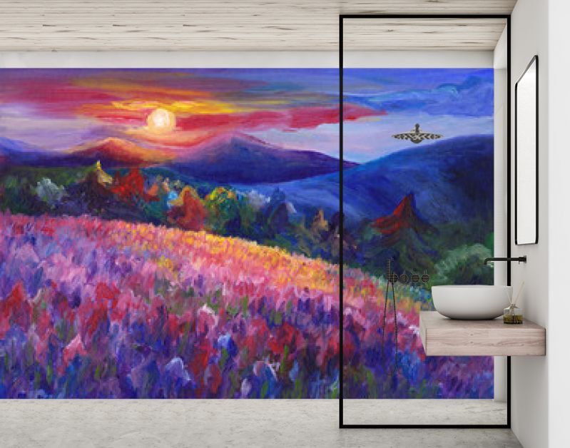 Berglandschap oliekunstwerk, gezellig, vrolijk, met de hand geschilderd