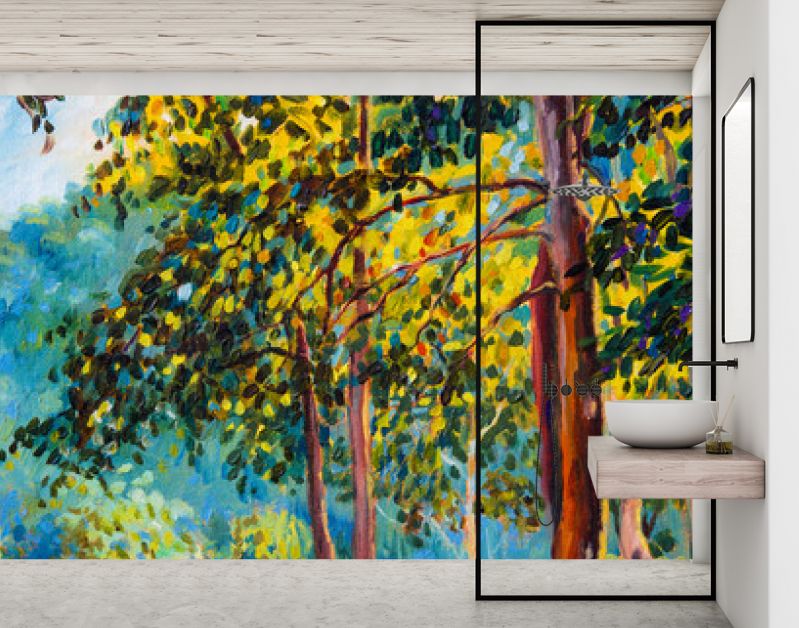 Landschap met olieverf op doek - kleurrijke herfstbomen.