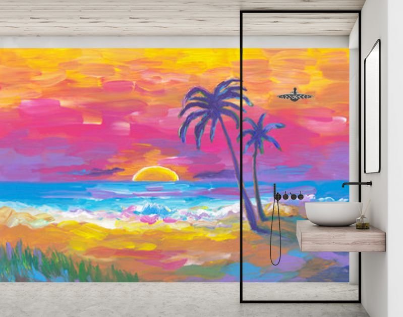 Palmenstrand, zonsondergang, zand, oceaan. Kust landschap. Abstract olieverfschilderij