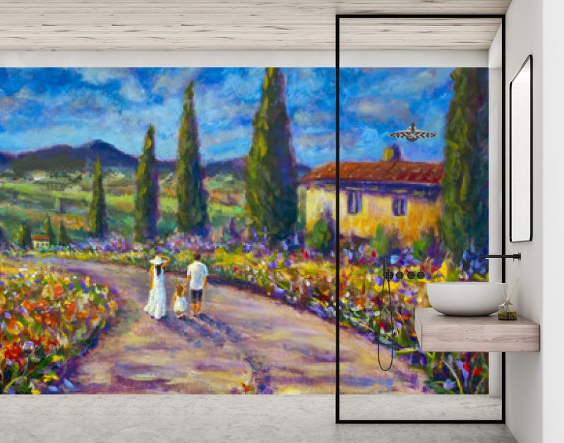 Impressionisme kunst schilderij gelukkige familie in witte kleren wandelen langs de weg. Vader, moeder en dochter zijn op weg van het Italiaanse Toscaanse natuurlandschap van de zomer. Cipressen, rode bloemen,