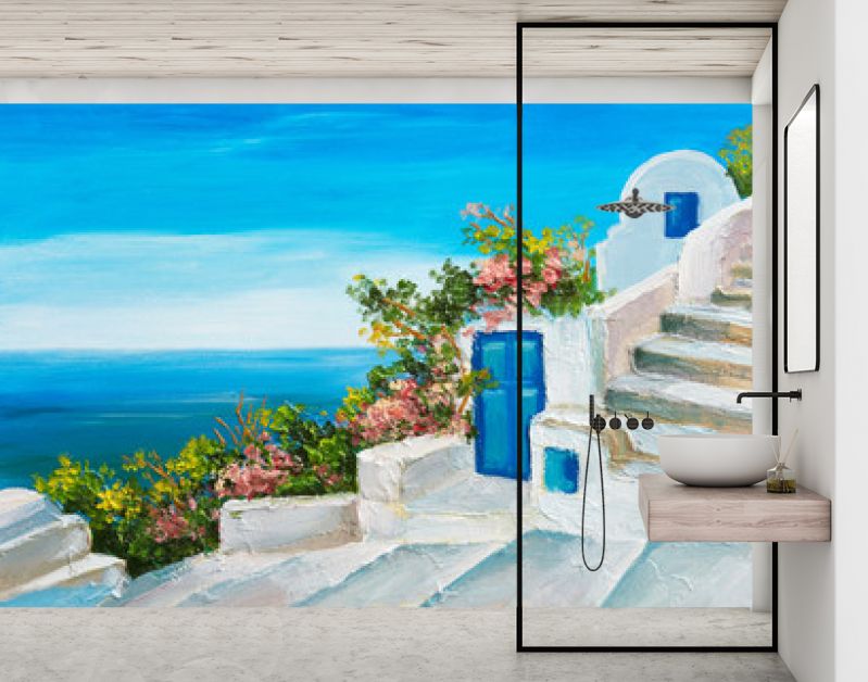 olieverfschilderij - huis in de buurt van de zee, kleurrijke bloemen, zomerzeegezicht