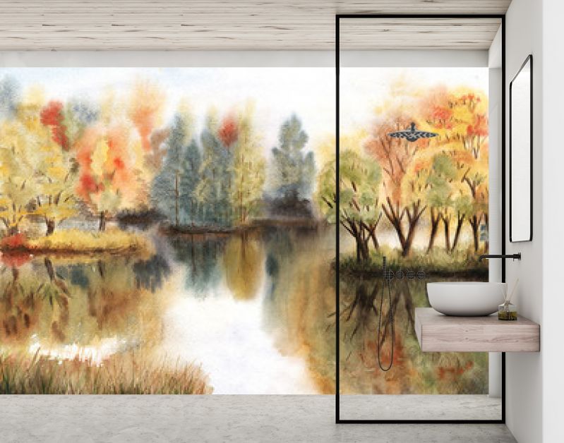 Aquarel herfstlandschap met bomen op eilanden en hun reflecties in een meer