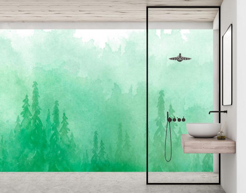 Aquarel groep bomen - spar, dennen, ceder, spar. groen bos, landschap, boslandschap. Tekening op witte geïsoleerde achtergrond. Mistig bos in nevel. Ecologische affiche. Aquarel schilderij