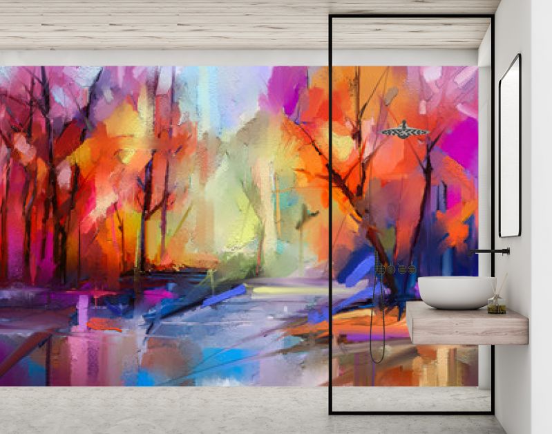 Olieverf schilderij kleurrijke herfst bomen. Semi abstract beeld van bos, landschappen met geel - rood blad en meer. Herfst, herfst seizoen natuur achtergrond. Met de hand geschilderd impressionistisch, buitenlandschap