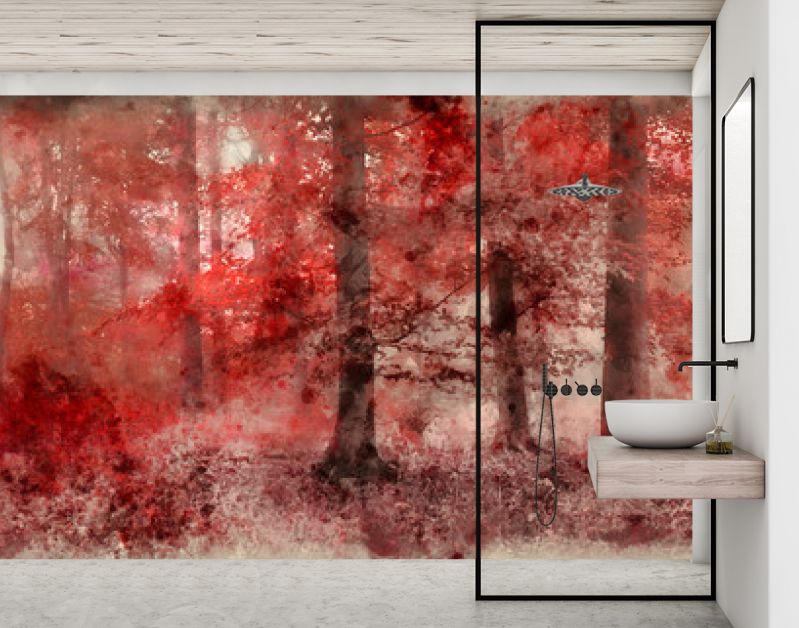 Aquarel schilderij van mooie surrealistische alternatieve kleur fantasie herfst herfst boslandschap conceptuele afbeelding