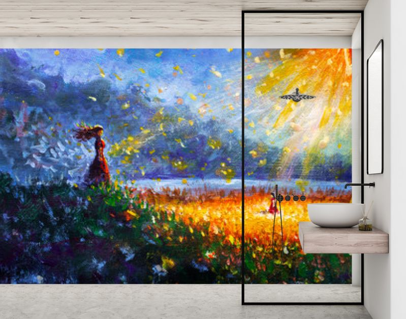 Schilderij olie - Gloeiende bloem, klein meisje en vrouw moeder - Sprookjesachtige illustratie - moderne kunst impressionisme abstract landschap acrylverf kunstwerk