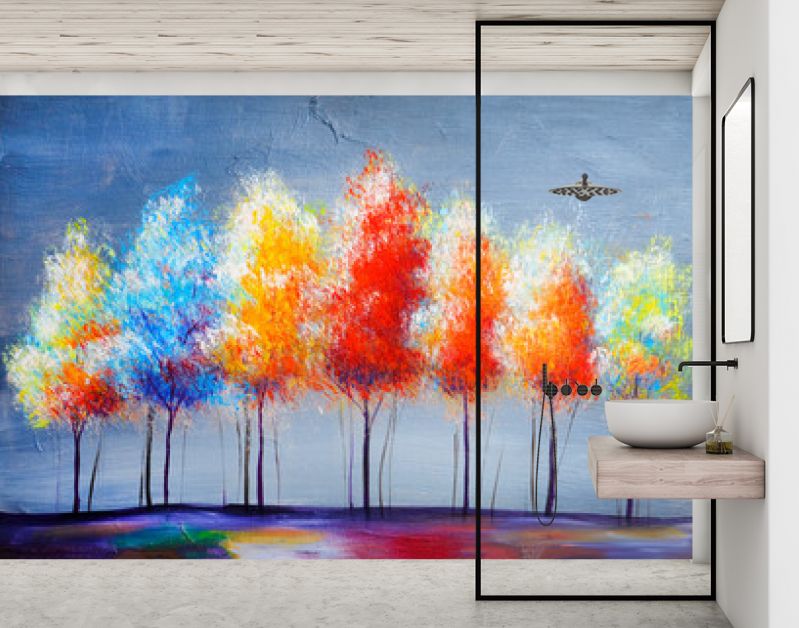 Landschap met olieverfschilderij, abstracte kleurrijke gouden bomen