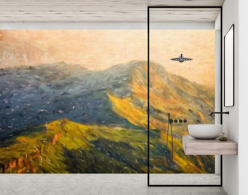 Digitale bergen bekijken olieverfschilderij met echt penseelstreken effect. Hedendaagse impressionistische kunst aan de muur in gemengde stijl. Kracht van de natuurscène. Vakantie ansichtkaarten en prints ontwerp. Schoonheid kunstwerk.