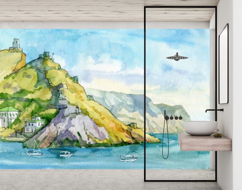 Landschap. Zeegezicht. Waterverf. Zee, rotsen, bergen, haven, schepen. Bivakmuts, Sebastopol, Krim. reizen. Toerisme.