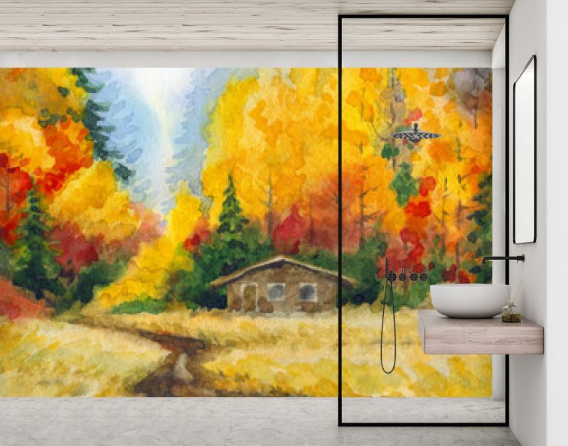 Aquarel landschap. Weg naar het herfstbos