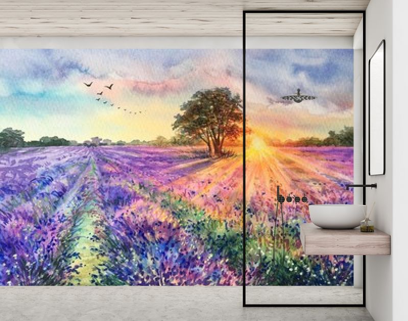 Aquarel lavendelveld. Zonsondergang lavendelveld. Violette achtergrond. Frankrijk Provence. Lente zomer briefkaart banner. Geurige bloemen. Aroma