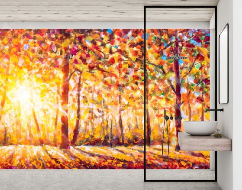 Herfstpanorama. Origineel olieverfschilderij op canvaskunst. Zonnige herfst bos bomen. Modern impressionisme. Herfst goud geel oranje rood bomen park in zonlicht landschap kunstwerk acryl schilderen