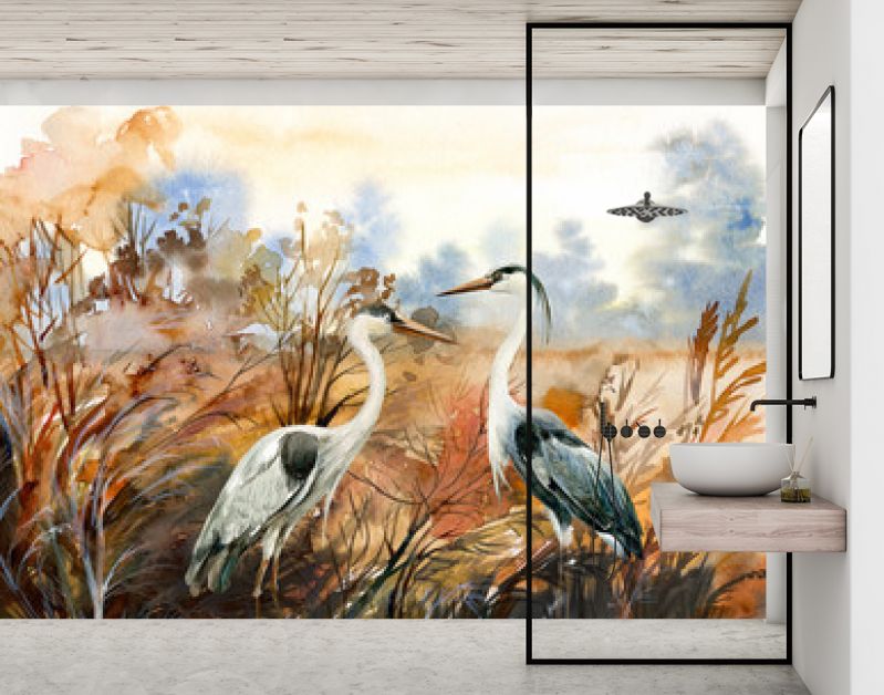 herfstlandschap met kraanvogel, aquarel illustratie