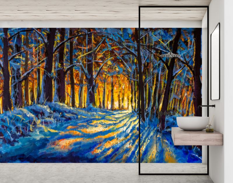 Olieverfschilderij met acryl aquarel. Winterbos. Zonnige winter bos hout landschap illustratie kunstwerk natuur.