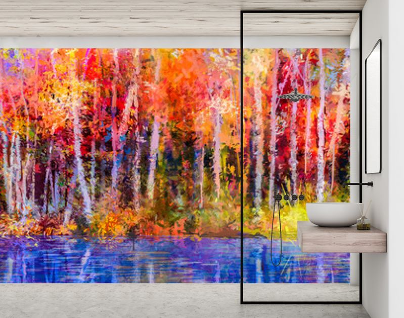 Olieverf schilderij kleurrijke herfst bomen. Semi abstract beeld van bos, espbomen met geel - rood blad en meer. Herfst, herfst seizoen natuur achtergrond. Met de hand geschilderd impressionistisch, buitenlandschap