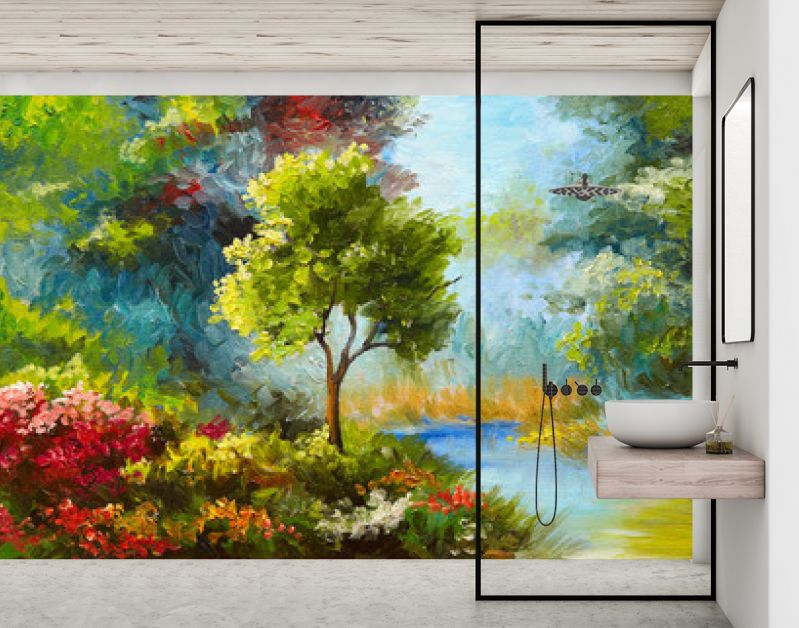 olieverfschilderij, bloemen en bomen bij de rivier, zonsondergang