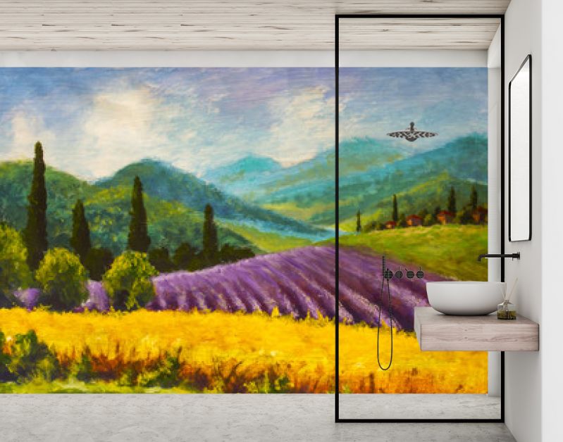 Olieverfschilderij Italiaans zomerlandschap. Lavendel paars veld. Frans Toscane. Veld van gele rogge. Landelijke huizen