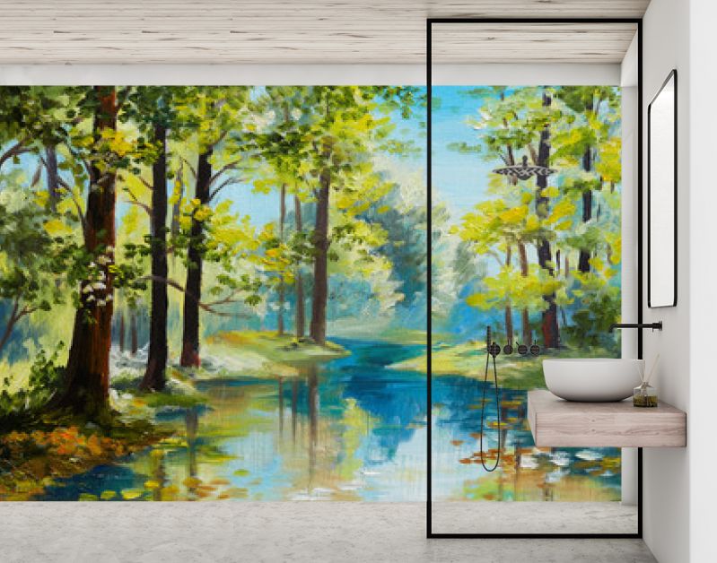 Landschap met olieverfschilderij - rivier in het bos, zomerdag