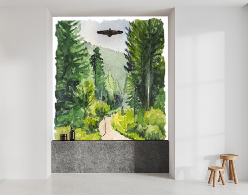 Waterverfschilderij met wild bos en pad. Inspiratie voor wandelen en reizen. Verticale ansichtkaart met landschap.