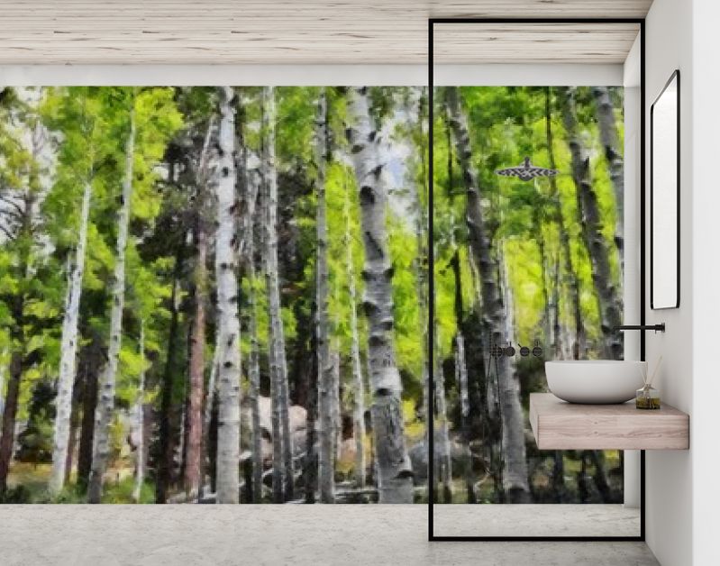 Hand tekenen van aquarel kunst op canvas. Artistieke grote print. Origineel modern schilderij. Acryl droge borstel achtergrond. Mooie zomerse landschap. Reis uitzicht. Groene bosboom. Wild natuur