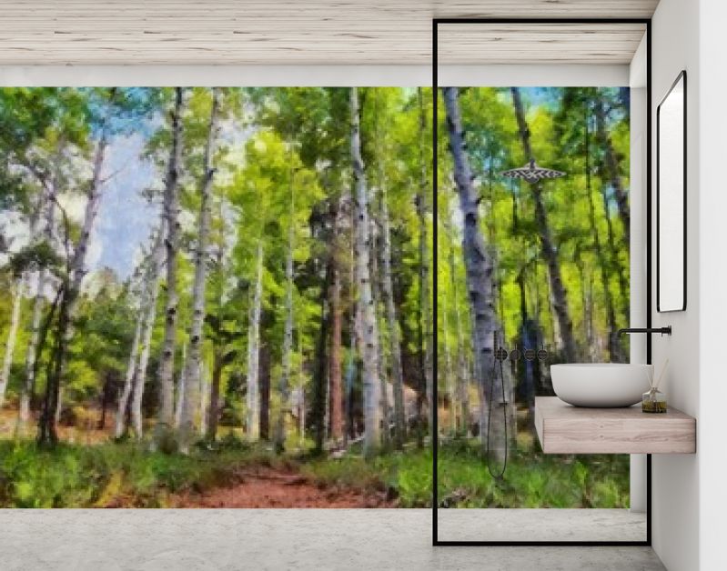 Hand tekenen van aquarel kunst op canvas. Artistieke grote print. Origineel modern schilderij. Acryl droge borstel achtergrond. Mooie zomerse landschap. Reis uitzicht. Groene bosboom. Wild natuur