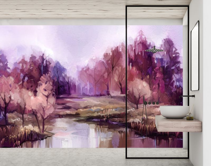 Olieverf schilderij kleurrijke herfst bomen. Vintage verfkleurenafbeelding van landschap, bos met geel, rood blad en meer. Herfst, herfst seizoen natuur achtergrond. Met de hand geschilderd impressionistisch, buitenlandschap