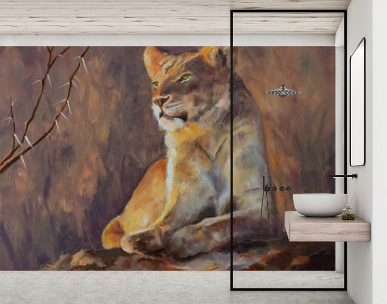 Origineel olieverfschilderij, Leeuwin die haar domein onderzoekt.