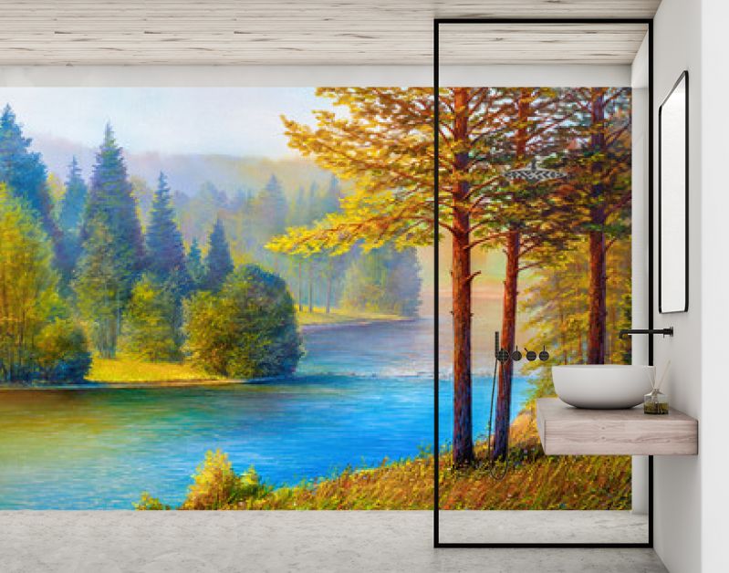 Ochtendlandschap met dennen en rivier.