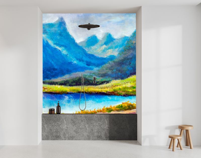 Berglandschap Origineel modern olieverfschilderij - prachtig meer in de bergen - hedendaagse beeldende kunst illustratie