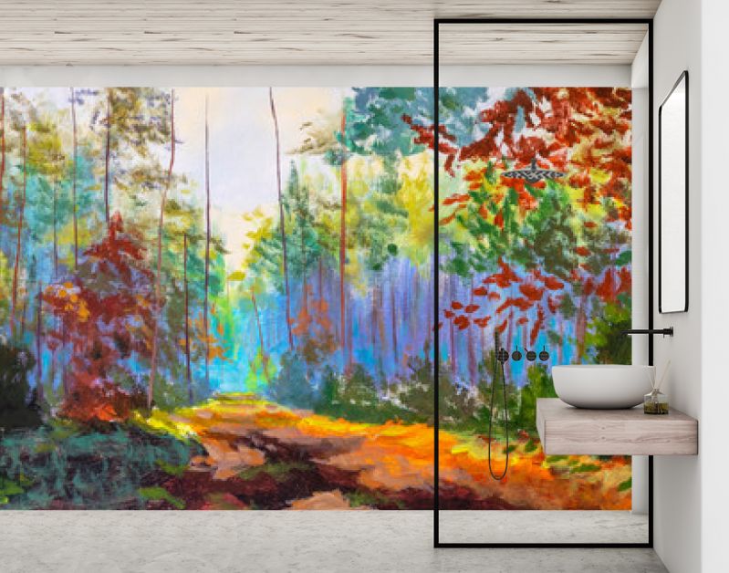 Impressionisme modern olieverfschilderij herfst bos park steegje zonlicht landschap kunstwerk. Zonnige kunst