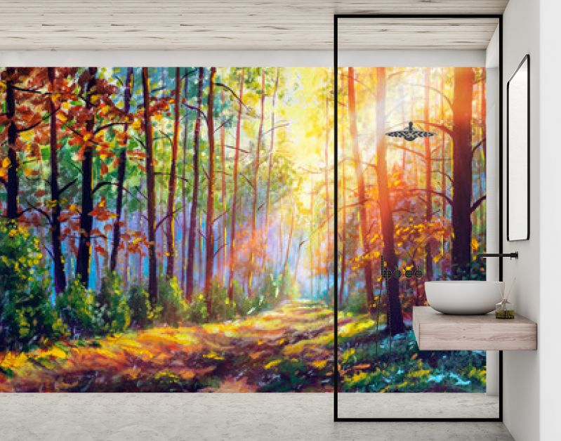 Origineel olieverfschilderij prachtig bos in de herfst, schilderachtig landschap met aangename warme zonneschijn beeldende kunst