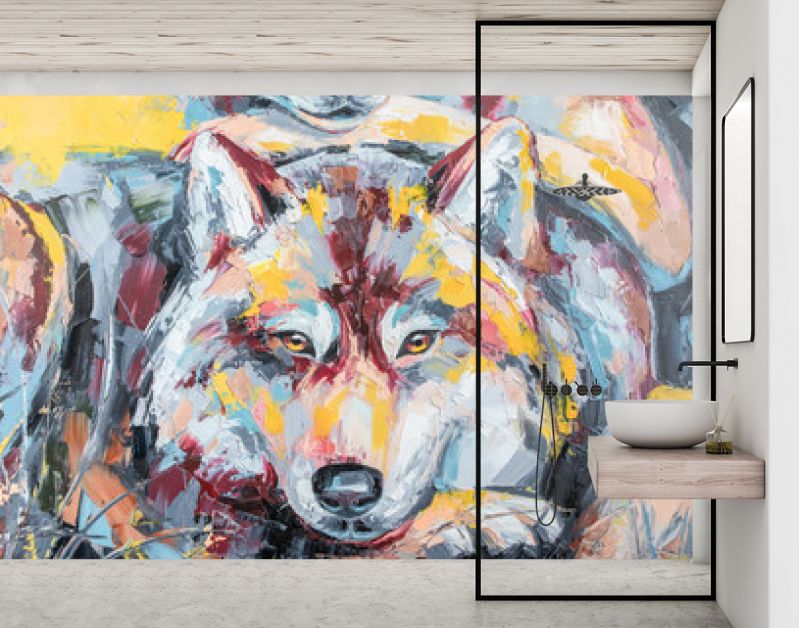 Oliewolf portret schilderij in veelkleurige tinten. Conceptueel abstract schilderij van een paar wolven. Close-up van een schilderij door olie en Paletmes op canvas.