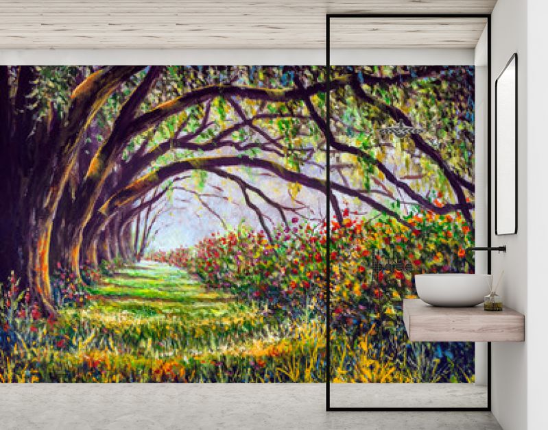 Open plek in een fantastisch zonnig bos met grote reuzenbomen en prachtige struiken met weelderige bloemen - acryl, olieverf om sprookjes voor kinderen te illustreren