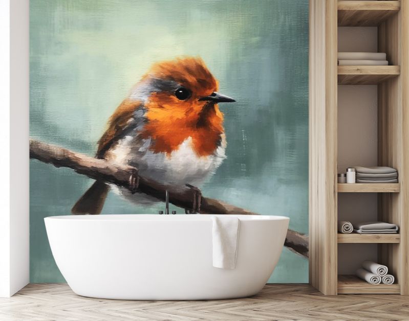 Levendige Details Het Roodborstje in Licht Karmozijnrood en Wit