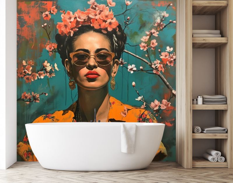 Portrait in oker with pink cherryblossoms