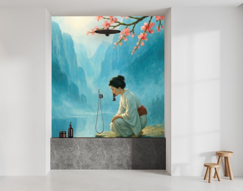 Japanse vrouw bij rivier met kersenbloesem