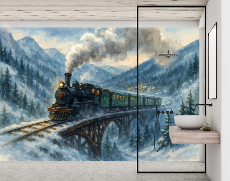 Winterse stoomtrein over brug in berglandschap