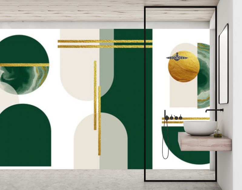 Abstracte minimalistische muurkunst in beige, groene, gouden kleuren. Eenvoudige lijnstijl. Gouden geometrische vormen, cirkels, modern creatief marmeren patroon.