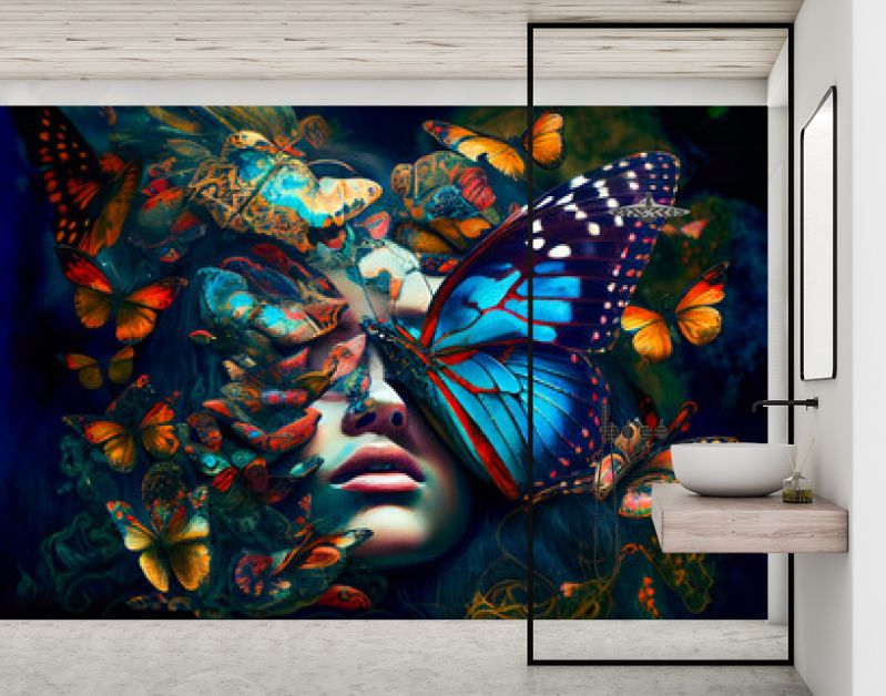 Portret van een vrouw met vlinders. Generatieve AI.