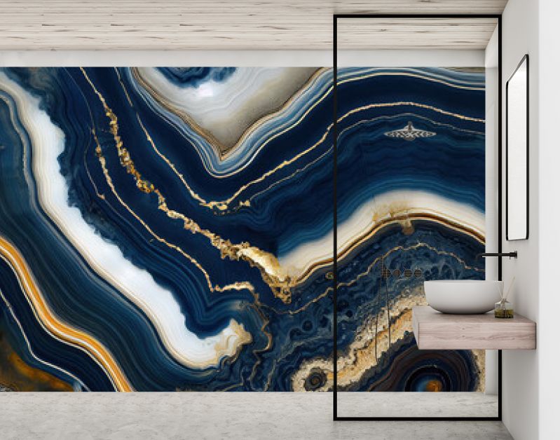 Luxe marineblauwe inkt marmerachtige abstracte textuur met gouden stof en agaatsteen wervelingen en aders