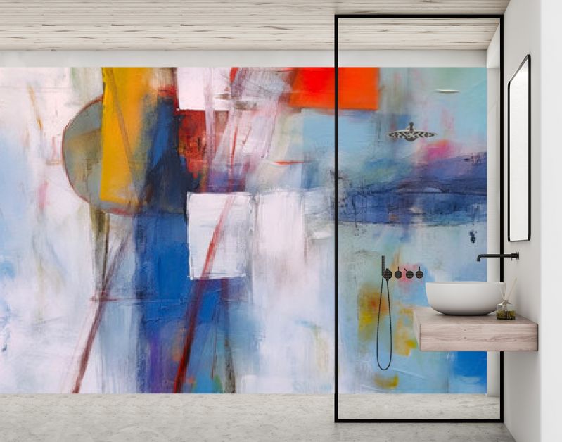 Abstract veelkleurig schilderij met grungetextuur op canvas. Kunstwerk mix penseelstreek, splash kleur en olie, acrylverfelement. Moderne hedendaagse kunst generatieve AI